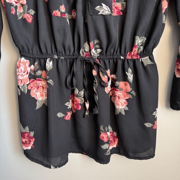 Stella Tweed 1/2 Zip Floral Long Sleeve Satin Peplum Blouse‎ Black Elastic Waist - Picture 3 of 16